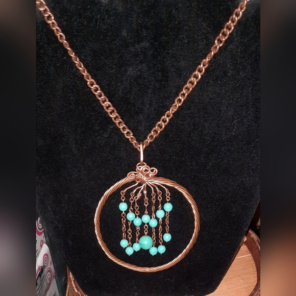 Artisan copper beaded wire pendant and necklace turquoise color beads - Picture 2 of 6